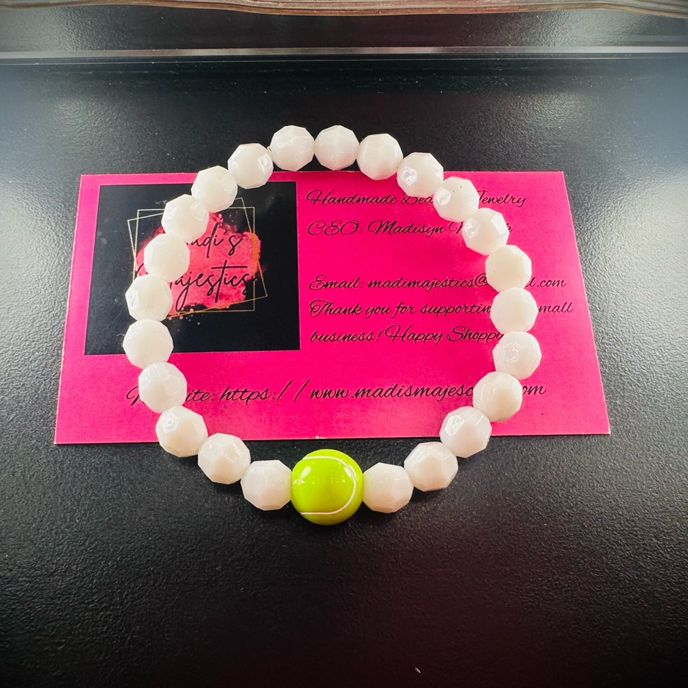 Handmade White Beaded Bracelet with Neon Green Accent